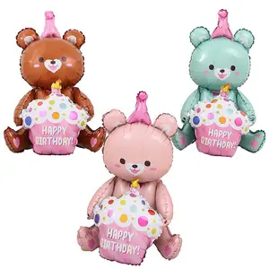 4D Sitting Bear Holding Cake Balloon Woodland AnimalsJungle Safari Cartoon Balloon Girls Happy Birthday Party Decor regali per bambini - Product Image 1