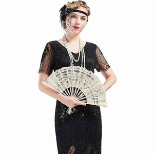 White Black and Beige European Favor Bamboo Cotton Fabric Wedding Lace Fan 27cm Length Wedding <b>Gift</b> - Product Image 6