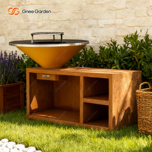 Brasero Moderno de Acero Corten con Soporte de Madera, Parrilla para Exteriores, Barbacoa de Carbón, Unidad de Calefacción para Patio, Acabado Pintado - Product Image 3