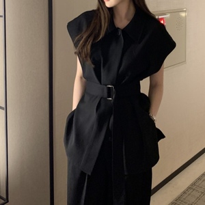 Women's Summer Collared Sleeveless Tie-Front Blouse & High-Waisted Wide-Leg <b>Pants</b> 2-Piece Set Fashion - Product Image 5