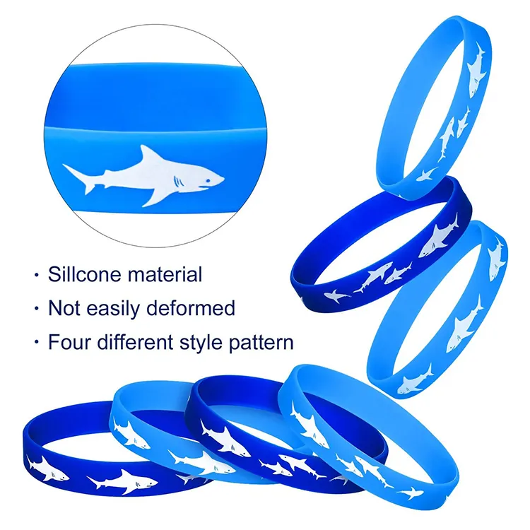 Groothandel Aanpasbare Blauwe Siliconen Rubber Zwembad Aquarium Haai Patroon Polsband Unieke Enfant Gepersonaliseerde Polsband