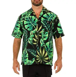 High quality Men polyester printing button down polo collar shirts, custom dry fit short sleeve beach surf shirts