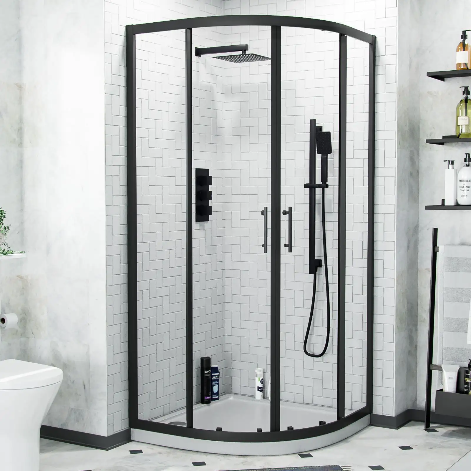 Black Aluminum Frame Quadrant Sliding Glass Shower Cubicle Enclosure Arc Bathroom Tempered Glass Shower Room Cabin