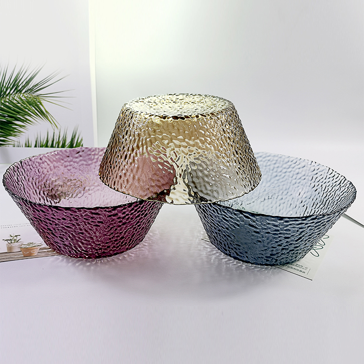 China Factory Price Multifunctional Oval Hammered Rim Texture Glass Fruit Bowl