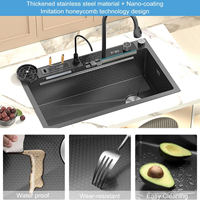 Mélangeur numérique à cascade intelligente Bol unique Fly Rain Multifonctionnel Cuisine Noir Soudage Évier carré Nano Acier inoxydable Moderne