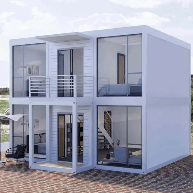 Rumah kontainer prefabrikasi rumah kecil dinding kaca modular mewah Prefab bar seluler kantor dapat dilepas dapat disesuaikan