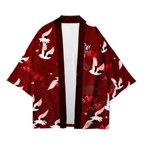 Blus Atasan Cosplay Jepang Pria Wanita, Pakaian Atasan Cosplay Kimono, Harajuku, Longgar, Gambar Bangau Merah, Ukuran Plus 6XL 5XL 4XL 3XL