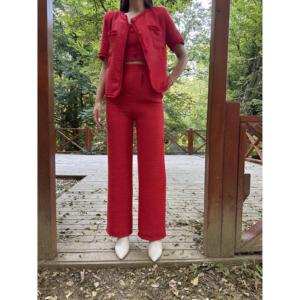 Ensemble de costume tissé rouge pour femme avec veste et pantalon pour un usage décontracté - Product Image 2