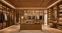 Dressing sur mesure de luxe en placage de bois avec porte en aluminium, éclairage LED intégré et îlot central de rangement pour villa
