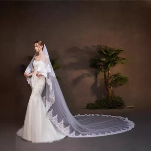 S1485R 2025 New Bride Long Bone Lace Full Lace White Ivory Two-layer Face Covering Veil - Product Image 2