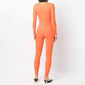 패션 가을 패션 디자인 사용자 정의 보트 넥 지퍼 럭셔리 여성 요가 Catsuit 점프 슈트 섹시한 Bodycon 긴 오렌지 여성 점프 슈트