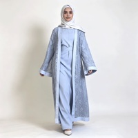 Ensemble Abaya en dentelle bleu clair pour femme, avec superposition florale, tenue modeste, vêtements musulmans islamiques, longueur au sol, couvrance intégrale