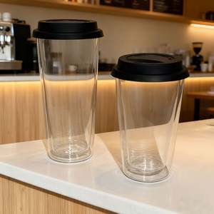 Mug à thé, lait ou café en verre borosilicate personnalisé avec logo, 350 ml, 550 ml, gobelet à double paroi en verre de 12 oz avec couvercle en silicone - Product Image 5