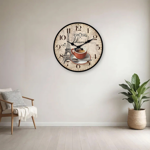 Reloj de Pared Vintage con Diseño de la Torre Eiffel de París y Taza de Café, Cristal y Vidrio, con Agujas y Números Marrones para Sala de Estar u Oficina - Product Image 2