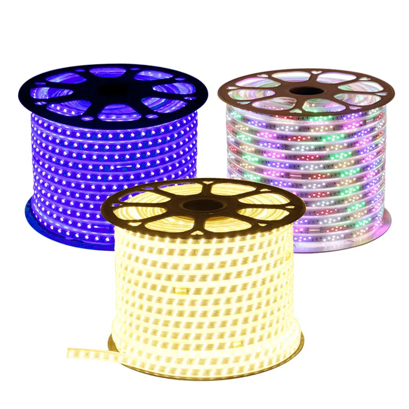 แถบไฟ LED กันน้ํา 220V กลางแจ้ง 5050 สีตัวแปร RGB แพทช์แถบไฟ LED แบบยืดหยุ่น