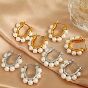 Pendientes de Perlas en Forma de U, Oro y Plata, Perlas Blancas de Grado AA, para Uso Diario - Product Image 1