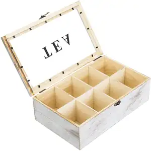 Rustic White Wooden Box With 8 Compartments For Tea Bag Storage Transparent Lid