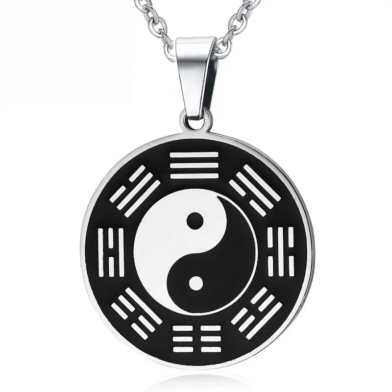 Мужское ожерелье с белым и черным эмалированным круглым кулоном Tai Chi Bagua Yin Yang