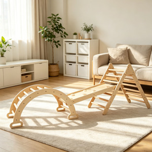 Estructura de juegos de madera para interiores con barras de colores arcoíris y paneles de juego suaves para niños - Product Image 1