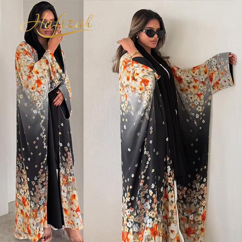 Hafizah 2026 Dubai lujo estampado floral gradiente color musulmán abierto Abaya modesto kimono