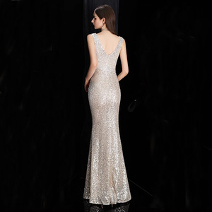 Champagne Evening Gown V-neck Mermaid Sequined Long Dress For Banquet Art Exam Women 2026 Elegant Fishtail Skirt - Product Image 4