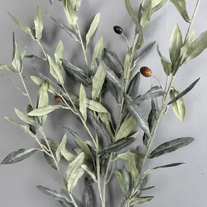 High End Flocking Olive Leaf Long Stem Silk Artificial Olive Leaves With Fruit For Home Decor
