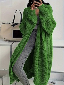 T719 Eleganter Langer Overknee-Acryl-Strickpullover für Damen, Neuer Herbst-Winter Lässiger Loser Standard-Strickmantel mit V-Ausschnitt - Product Image 4