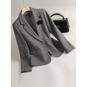 Women's Wool Tweed Blazer Gray Anti-Wrinkle Professional Casual Autumn Winter 2024 Korean Style - Product Image 1