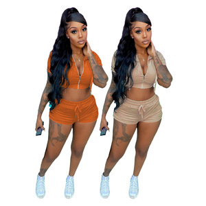 Vente en gros Vêtements de sport sexy Ensemble 2 pièces pour <span class=keywords><strong>femme</strong></span> Pantalon à fermeture éclair court et à cordon de serrage Survêtement de jogging personnalisé uni - Product Image 1