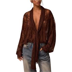 เสื้อผู้หญิงลูกไม้ตาข่ายแบบสั่งทำพิเศษ คอวีลึก แขนยาว ผ้าบาง ผูกโบว์ด้านหน้า ใส่ได้ทุกวัน - Product Image 3