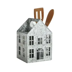 Hand Crafted Vintage Style Galvanized Caddy House Shape Galvanized Metal Caddy for Restaurants and Houses