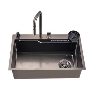 Intelligent Kitchen Sink 1 Piece Automatic Cup Washer Piano Digital Display 2 Waterfall Faucet Kitchen Sinks