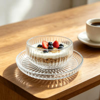 Bol à dessert en verre côtelé transparent avec assiette de service, ensemble de bols texturés pour crème glacée et fruits, pour bonbons, collations, petit-déjeuner, café