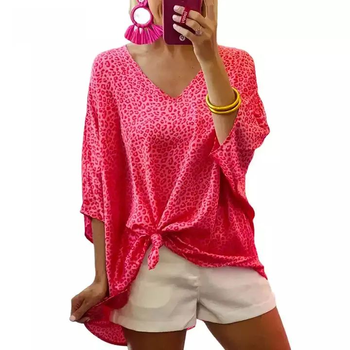Benutzer definierte Damen Blusen Tops Shirt Büro tragen Mode druck Damen Hotpink Leopard Halbarm elegante Bluse