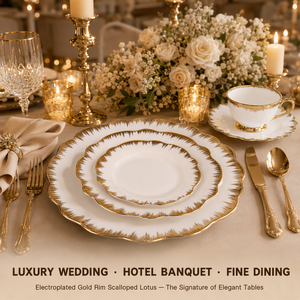 Juego de Vajilla de Porcelana China con Borde Dorado Electrochapado y Diseño de Loto, Tamaños Variados en Stock para Banquetes de Boda de Lujo - Product Image 3