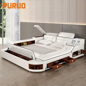 Modern home storage leather luxury furniture bedroom beds multifunctional massage tatami leather bed smart audio double bed