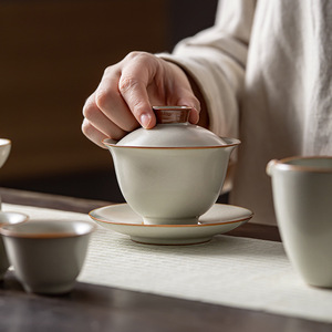 Ru Ware Three Piece Gaiwan Porcelain Covered <b>Tea</b> Bowl With Lid Rice Yellow Grain Pattern Kung Fu <b>Tea</b> <b>Set</b> - Product Image 2