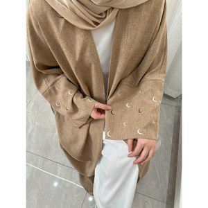 Habib EID poliéster Lino Abaya Color sólido mujeres Kimono Cardigan Abaya Femmes Robe Musulmane Luna bordado abierto Abaya - Product Image 4