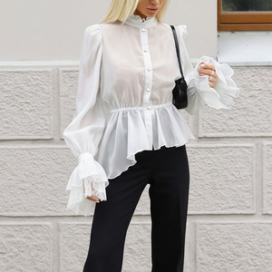Fabricant de Blouses Femme Personnalisées OEM ODM, Marque Privée, Col Montant, Bordure <span class=keywords><strong>Dentelle</strong></span>, Manches Bouffantes, Taille Cintrée Vintage, Vente en Gros Automne - Product Image 1