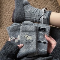 Chaussettes pour chiot de dessin animé pour femme avec nœud, chaussettes en laine grises, polyvalentes et chaudes, chaussettes épaisses mi-mollet pour l'hiver