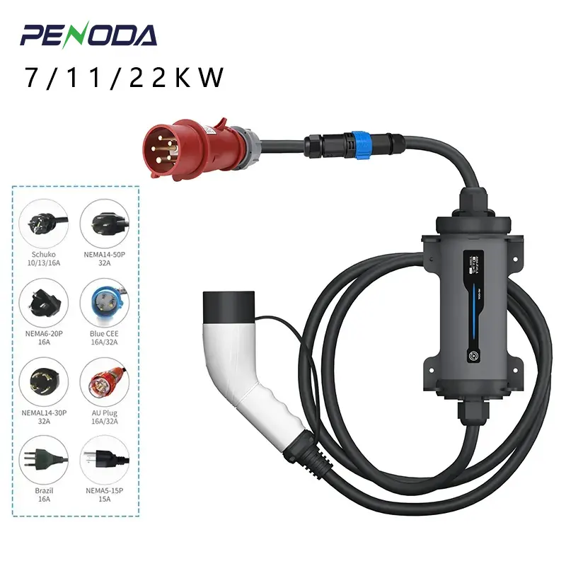 Penoda 32a 3 Fase 22kw Gb/T Naar Type 2 Ev Oplader Type 2 Evse Ac Wallbox Draagbare Ev Oplader Met Lcd