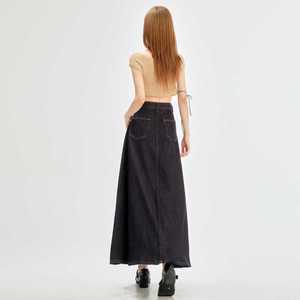 Falda Vaquera Larga Vintage de Cintura Alta Línea A Color Liso Azul Oscuro Lavado <span class=keywords><strong>Tallas</strong></span> <span class=keywords><strong>Grandes</strong></span> Casual Otoño Invierno Primavera Verano - Product Image 4