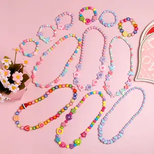 Лидер продаж, детский разноцветный браслет с бусинами и цветами, акриловое ожерелье, милые ювелирные изделия для девочек и детей, детские аксессуары, комплекты ювелирных изделий