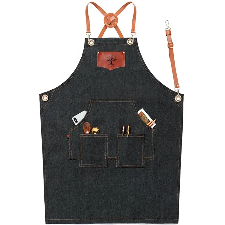 Snelle Levering Commerciële Keuken Server Denim Schort Unisex Verstelbare Denim Kapper Bbq Keuken Cafe Schort Met Zakken