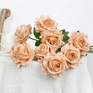 Bunga mawar buatan, kualitas tinggi tunggal sentuhan asli kepala besar lateks sutra palsu berdebu oranye terbakar untuk dekorasi pesta pernikahan