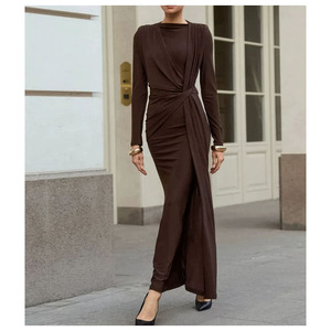 Abito Lungo Monocolore <span class=keywords><strong>Bordeaux</strong></span> a <span class=keywords><strong>Maniche</strong></span> <span class=keywords><strong>Lunghe</strong></span> con Design Drappeggiato, Ecologico, Vita Naturale, Linea ad A, Chic e Casual per l'Estate Donna - Product Image 2