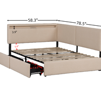 Cadre de lit rembourré de luxe beige avec chargeur USB, éclairage LED, deux tiroirs de rangement et pieds en bois massif pour chambre à coucher