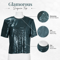 T-shirt court sexy pour femme, à sequins scintillants, col rond côtelé, respirant, anti-plis, manches courtes, idéal pour l'été et les soirées en club