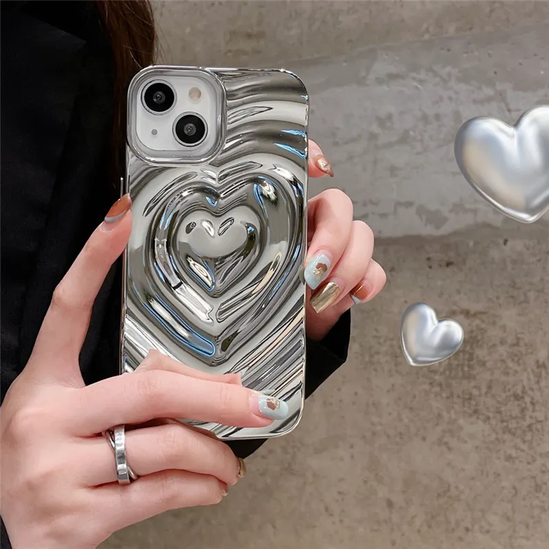 Luxury Electroplate Silver 3D Heart Water Ripple Phone Case for iPhone 14 13 12 11 Pro Max Cases Soft Silicone Shockproof Shell