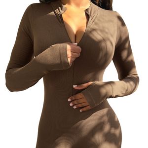 Combinaison de yoga de sport côtelée à manches longues avec fermeture éclair <span class=keywords><strong>pour</strong></span> femmes - Product Image 1